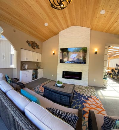 Bright common area with seating and modern decor