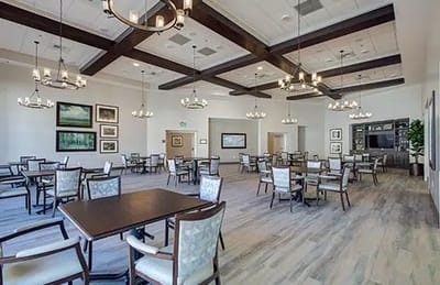 Bright dining room with tables and chairs