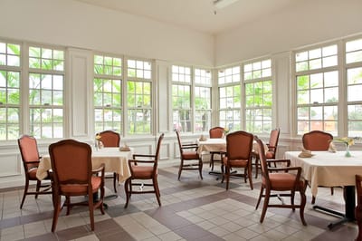Dining area with tables and chairs in natural light