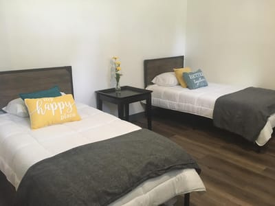 Cozy twin bedroom setup with cheerful pillows