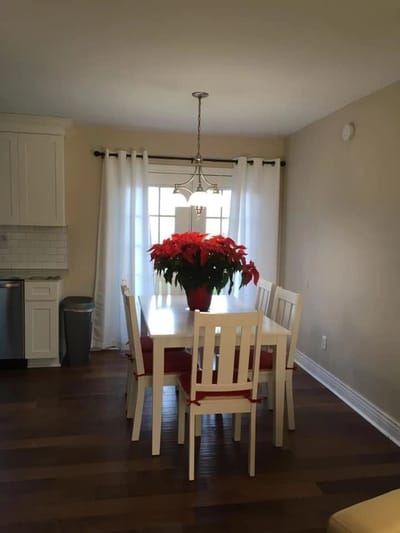Bright dining area with a poinsettia centerpiece