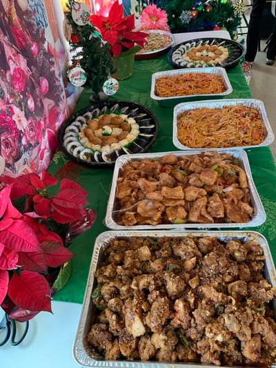 A festive display of various dishes at a communal dining event