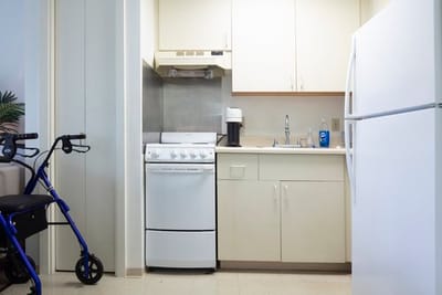 Interior view of a kitchen in a senior apartment