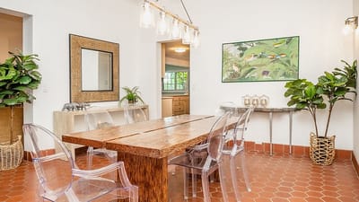 Modern dining area with a wooden table and decor