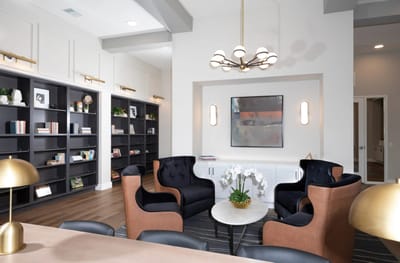 Bright, modern lounge area with seating and bookshelves