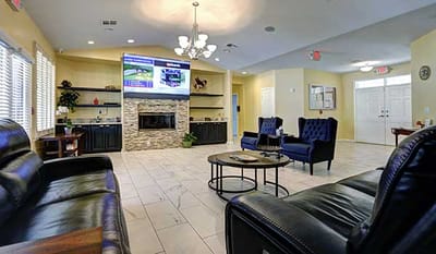 Interior view of a common area with seating