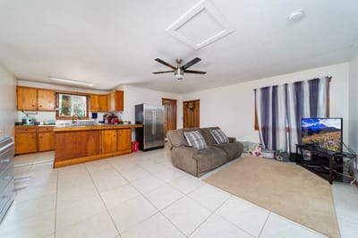 Cozy common area with kitchen and seating
