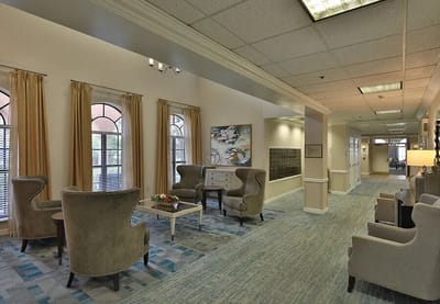Interior view of a common area with seating