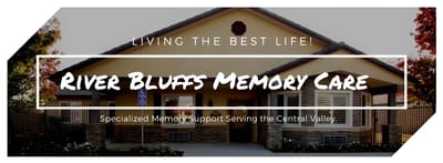 Logo and facade of River Bluffs Memory Care facility