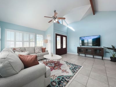 A cozy living area with comfortable seating and decor
