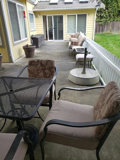 Outdoor patio area with seating furniture