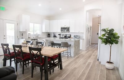 Bright interior kitchen and dining area