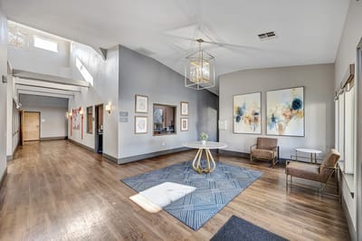 Interior view of a common area with decor and seating