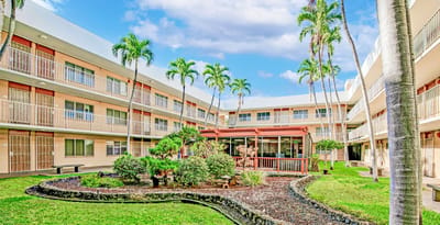 Outdoor courtyard with gardens and palm trees