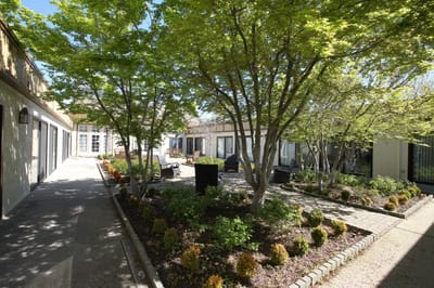 Outdoor seating area with trees and landscaping