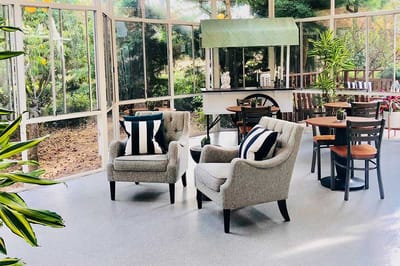 Bright common area with comfortable seating and plants