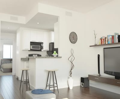 Modern apartment interior with kitchen and living area