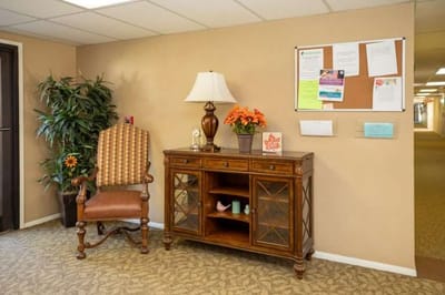 Cozy common area with chair and cabinet