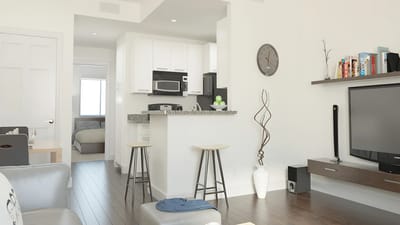 Modern facility interior with kitchenette and seating