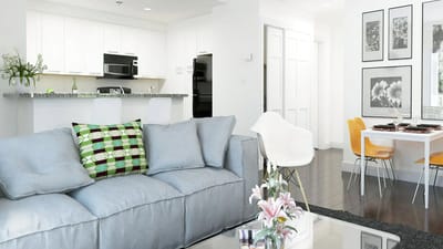 Modern living room with kitchen view