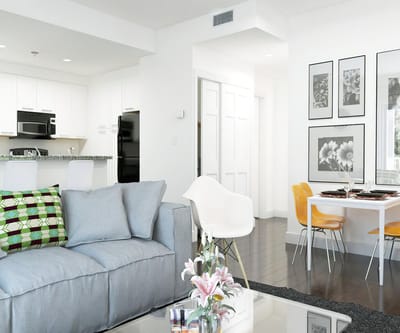 Bright and modern living room with dining area