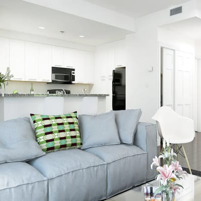 Spacious living room with modern kitchen