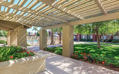 Outdoor garden area with flowers and shade structures