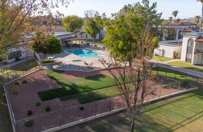 Aerial view of the outdoor pool and lounge area
