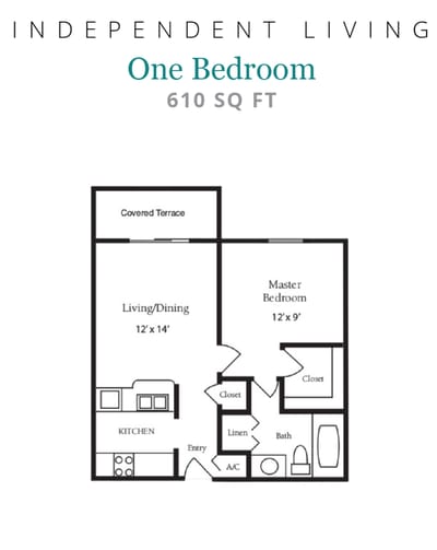 Architectural floor plan of a one-bedroom unit