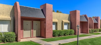 Exterior view of Eastridge Apartments with colorful buildings