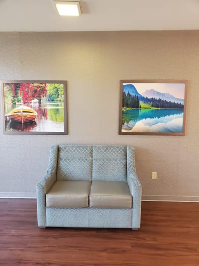 Cozy seating area with nature-themed artwork