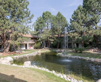 Outdoor view of a peaceful courtyard with a pond and fountain