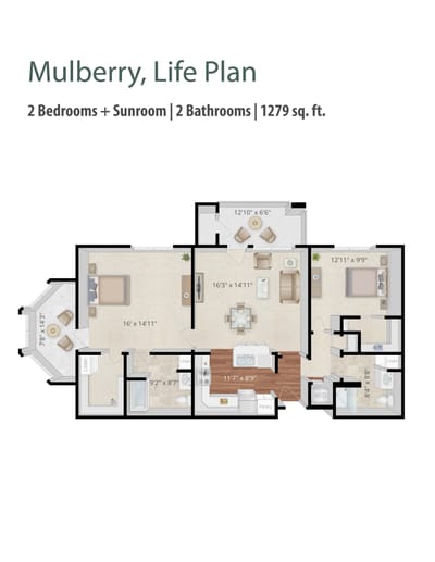 Architectural floor plan of a two-bedroom unit