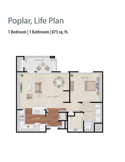 Architectural floor plan of a one-bedroom unit