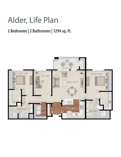 Architectural floor plan of a two-bedroom unit