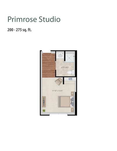Architectural floor plan of a Primrose Studio