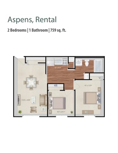 Architectural floor plan of a two-bedroom unit