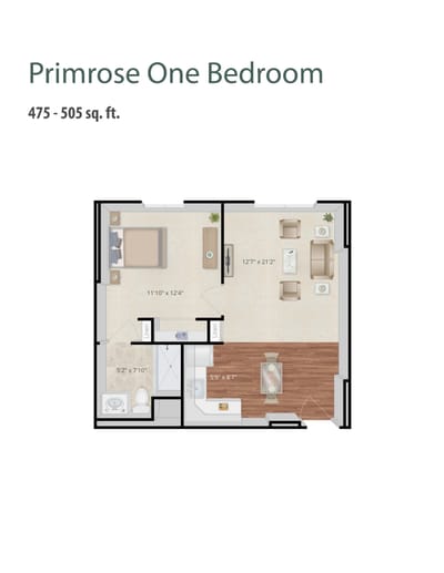 Architectural floor plan of a one-bedroom unit