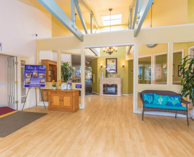 Bright interior lobby with seating and decor