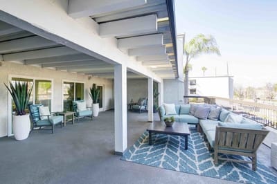 Outdoor lounge area with comfortable seating and plants