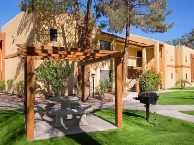 Outdoor seating area with tables and greenery