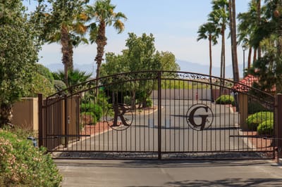 Gated entrance with ornate metal gate and palm trees