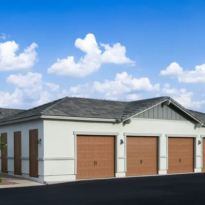 Exterior view of a building with garage doors
