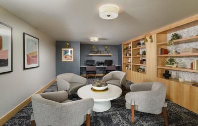 A cozy common area with seating and decor