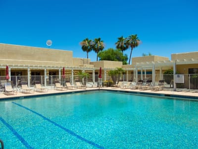 Swimming pool area with palm trees and lounge chairs
