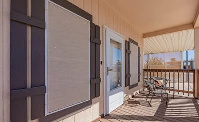 Outdoor seating area with a view of the facility.