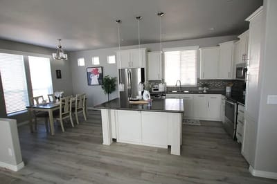Bright kitchen and dining area with modern decor