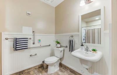 Interior view of a bathroom with accessible features