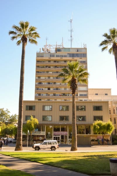 Exterior view of Park Place Apartments with palm trees