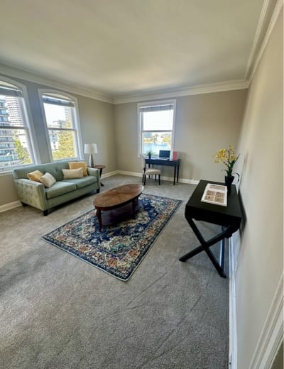 Interior view of a resident room with a cozy setup